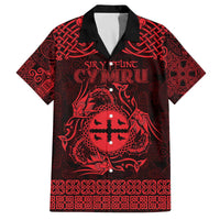 Personalized Flintshire Sir y Fflint Family Matching Off The Shoulder Long Sleeve Dress and Hawaiian Shirt Red Four Choughs Celtic-inspired - Wonder Print Shop