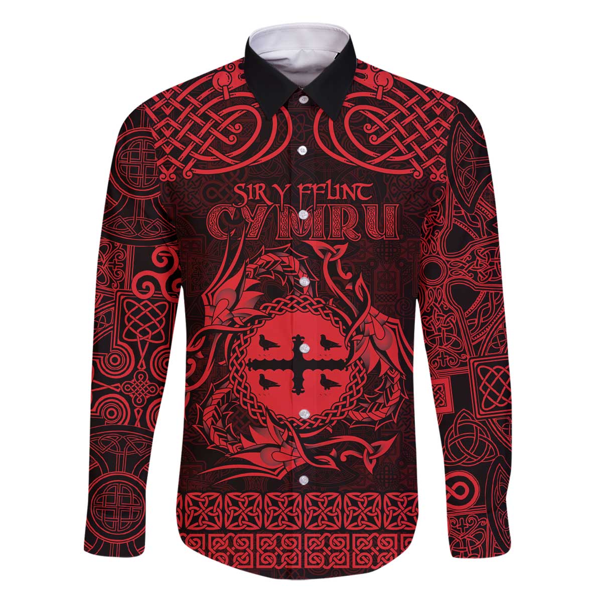 Personalized Flintshire Sir y Fflint Family Matching Off The Shoulder Long Sleeve Dress and Hawaiian Shirt Red Four Choughs Celtic-inspired - Wonder Print Shop