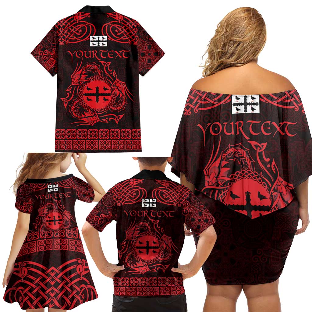 Personalized Flintshire Sir y Fflint Family Matching Off Shoulder Short Dress and Hawaiian Shirt Red Four Choughs Celtic-inspired - Wonder Print Shop
