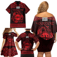 Personalized Flintshire Sir y Fflint Family Matching Off Shoulder Short Dress and Hawaiian Shirt Red Four Choughs Celtic-inspired - Wonder Print Shop