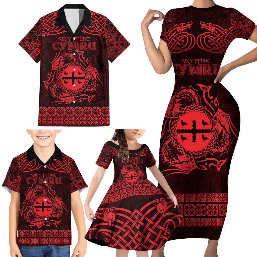 Personalized Flintshire Sir y Fflint Family Matching Short Sleeve Bodycon Dress and Hawaiian Shirt Red Four Choughs Celtic-inspired - Wonder Print Shop