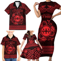 Personalized Flintshire Sir y Fflint Family Matching Short Sleeve Bodycon Dress and Hawaiian Shirt Red Four Choughs Celtic-inspired - Wonder Print Shop