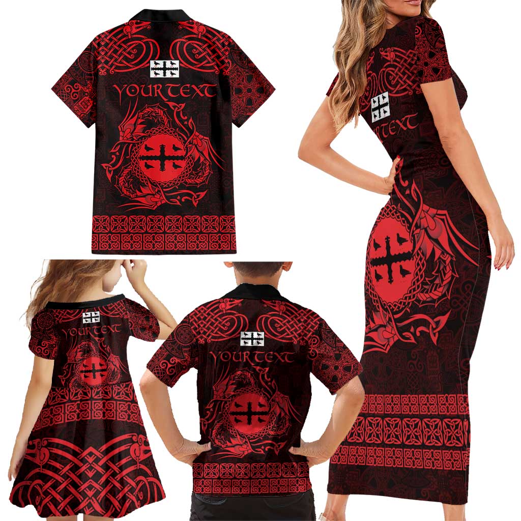 Personalized Flintshire Sir y Fflint Family Matching Short Sleeve Bodycon Dress and Hawaiian Shirt Red Four Choughs Celtic-inspired - Wonder Print Shop