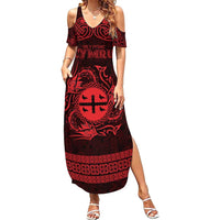 Personalized Flintshire Sir y Fflint Family Matching Summer Maxi Dress and Hawaiian Shirt Red Four Choughs Celtic-inspired - Wonder Print Shop