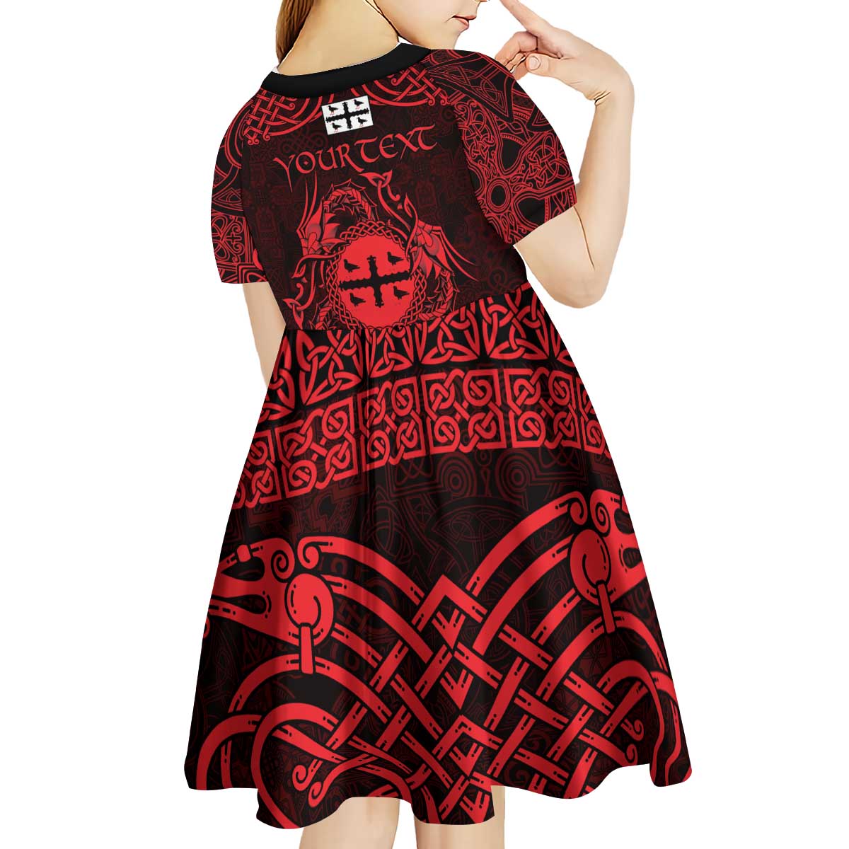 Personalized Flintshire Sir y Fflint Kid Short Sleeve Dress Red Four Choughs Celtic-inspired - Wonder Print Shop