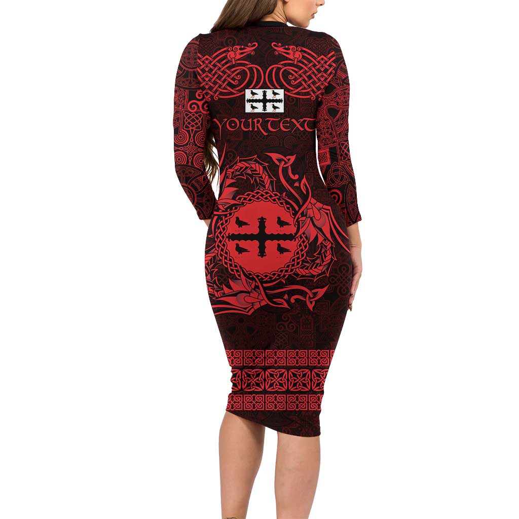 Personalized Flintshire Sir y Fflint Long Sleeve Bodycon Dress Red Four Choughs Celtic-inspired - Wonder Print Shop