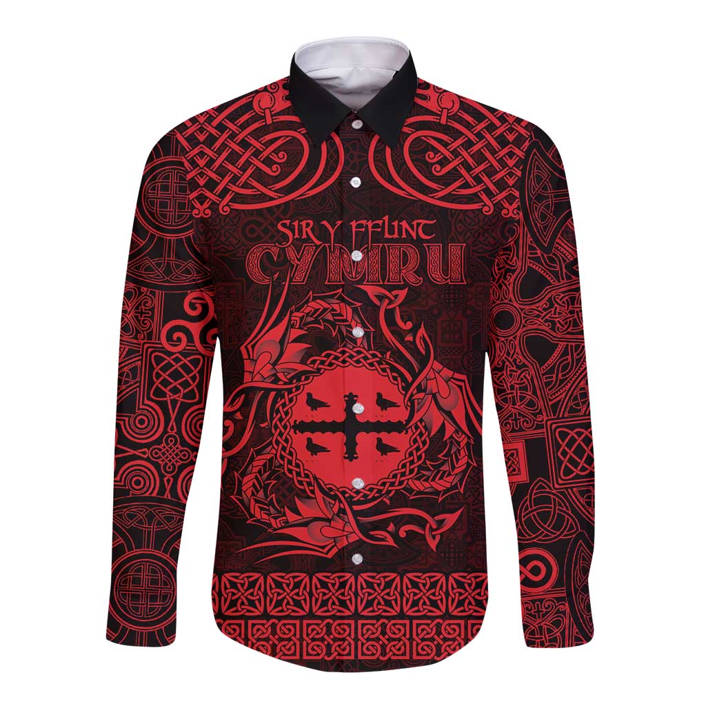 Personalized Flintshire Sir y Fflint Long Sleeve Button Shirt Red Four Choughs Celtic-inspired - Wonder Print Shop