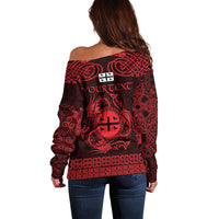 Personalized Flintshire Sir y Fflint Off Shoulder Sweater Red Four Choughs Celtic-inspired - Wonder Print Shop
