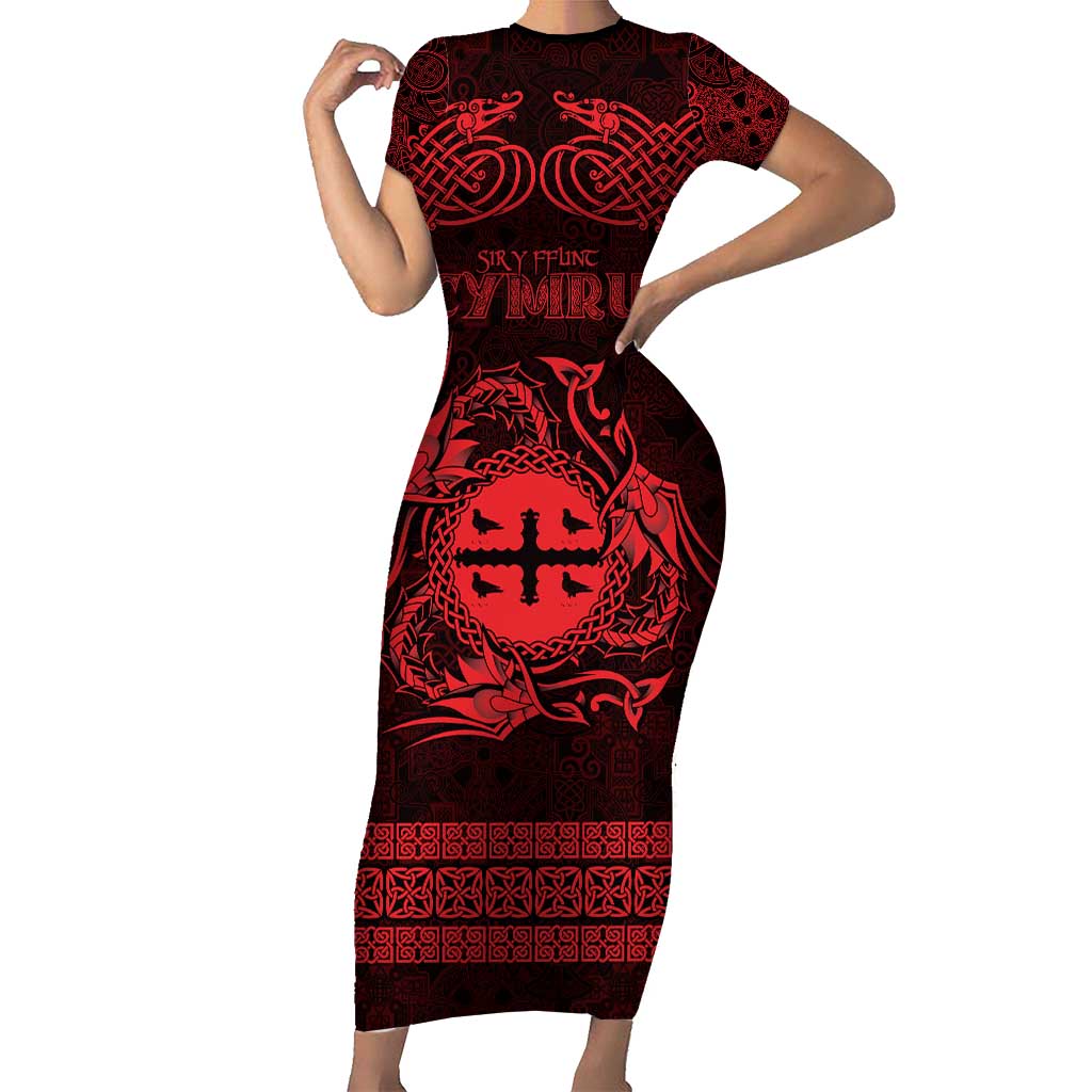 Personalized Flintshire Sir y Fflint Short Sleeve Bodycon Dress Red Four Choughs Celtic-inspired - Wonder Print Shop