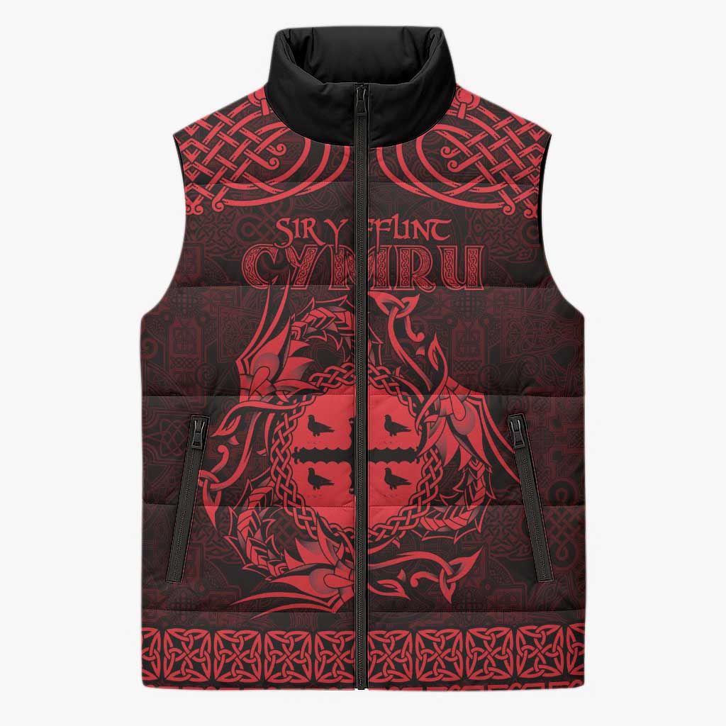 Personalized Flintshire Sir y Fflint Sleeveless Puffer Jacket Red Four Choughs Celtic-inspired - Wonder Print Shop