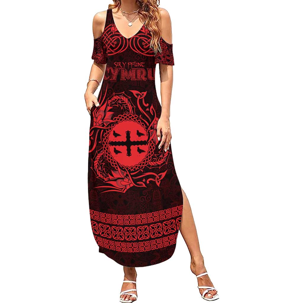 Personalized Flintshire Sir y Fflint Summer Maxi Dress Red Four Choughs Celtic-inspired - Wonder Print Shop