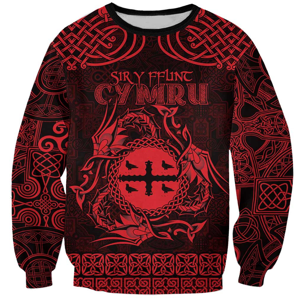 Personalized Flintshire Sir y Fflint Sweatshirt Red Four Choughs Celtic-inspired - Wonder Print Shop