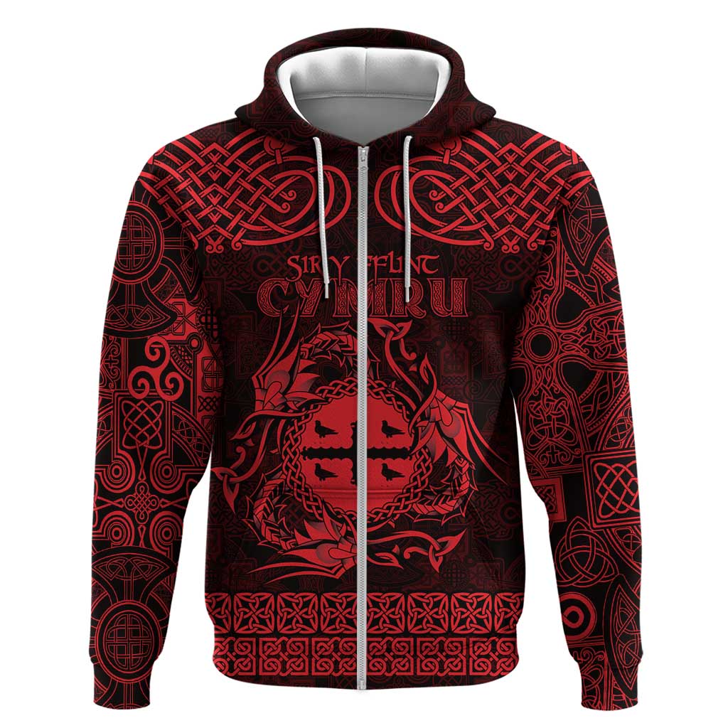 Personalized Flintshire Sir y Fflint Zip Hoodie Red Four Choughs Celtic-inspired - Wonder Print Shop