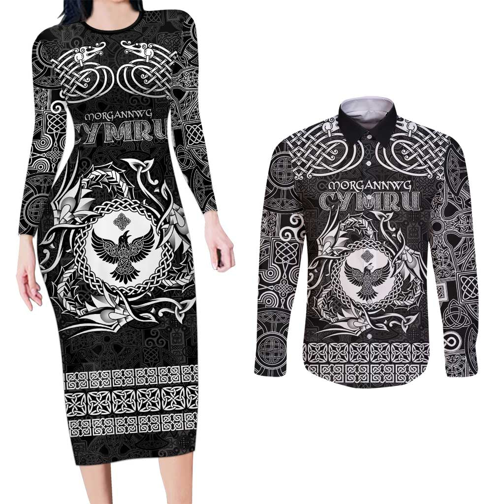 Personalized Glamorgan Morgannwg Couples Matching Long Sleeve Bodycon Dress and Long Sleeve Button Shirt Black Raven Celtic-inspired - Wonder Print Shop