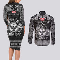 Personalized Glamorgan Morgannwg Couples Matching Long Sleeve Bodycon Dress and Long Sleeve Button Shirt Black Raven Celtic-inspired - Wonder Print Shop