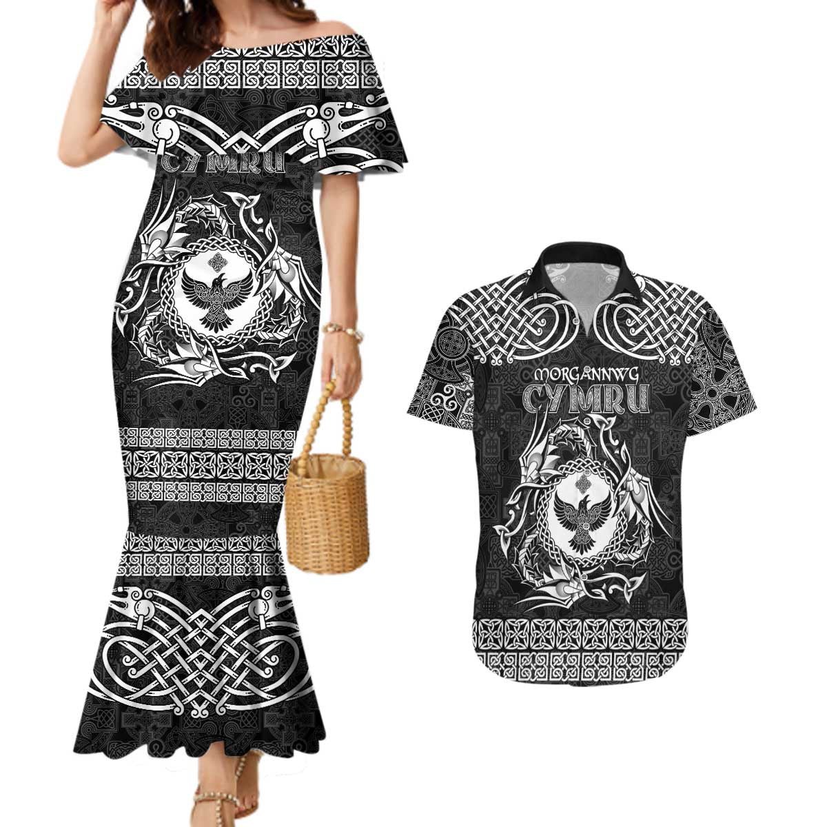 Personalized Glamorgan Morgannwg Couples Matching Mermaid Dress and Hawaiian Shirt Black Raven Celtic-inspired - Wonder Print Shop