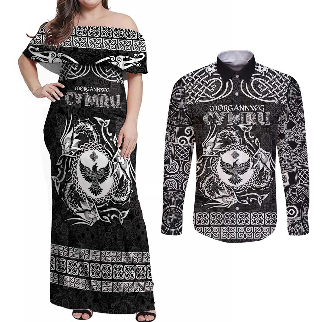 Personalized Glamorgan Morgannwg Couples Matching Off Shoulder Maxi Dress and Long Sleeve Button Shirt Black Raven Celtic-inspired - Wonder Print Shop