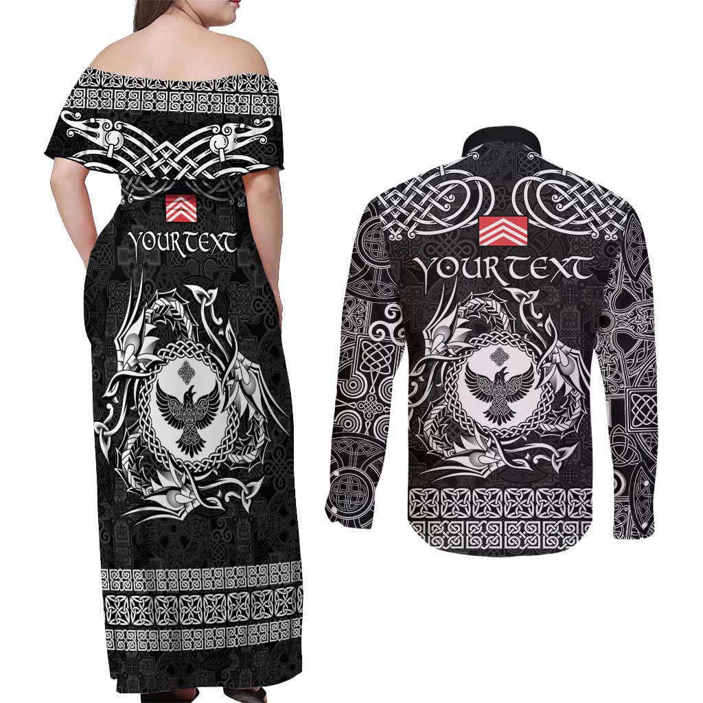 Personalized Glamorgan Morgannwg Couples Matching Off Shoulder Maxi Dress and Long Sleeve Button Shirt Black Raven Celtic-inspired - Wonder Print Shop