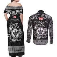 Personalized Glamorgan Morgannwg Couples Matching Off Shoulder Maxi Dress and Long Sleeve Button Shirt Black Raven Celtic-inspired - Wonder Print Shop