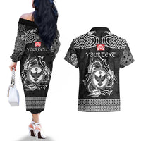 Personalized Glamorgan Morgannwg Couples Matching Off The Shoulder Long Sleeve Dress and Hawaiian Shirt Black Raven Celtic-inspired - Wonder Print Shop