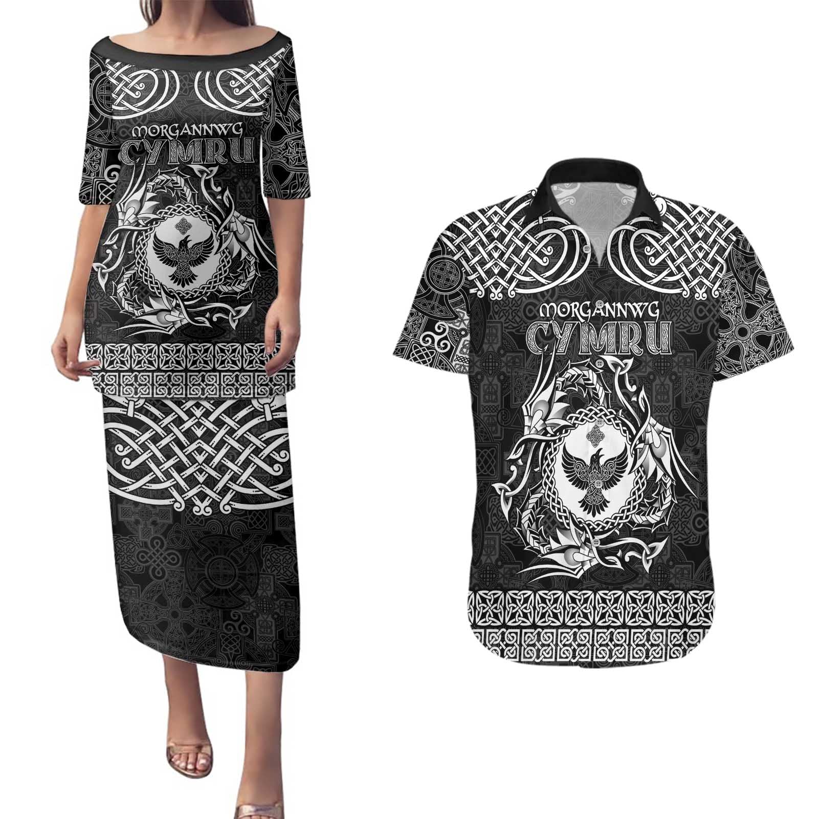 Personalized Glamorgan Morgannwg Couples Matching Puletasi and Hawaiian Shirt Black Raven Celtic-inspired - Wonder Print Shop