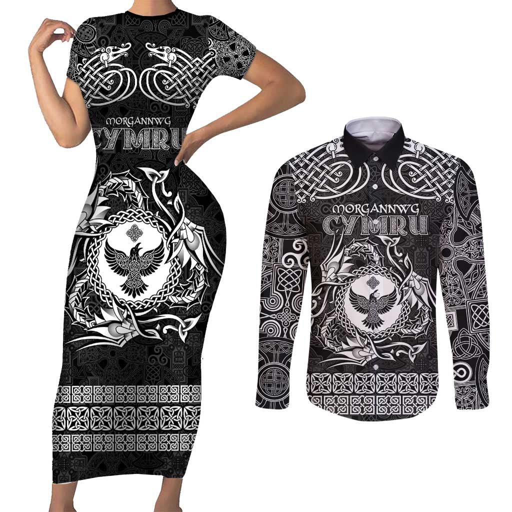 Personalized Glamorgan Morgannwg Couples Matching Short Sleeve Bodycon Dress and Long Sleeve Button Shirt Black Raven Celtic-inspired - Wonder Print Shop