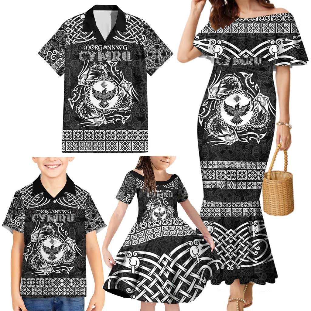 Personalized Glamorgan Morgannwg Family Matching Mermaid Dress and Hawaiian Shirt Black Raven Celtic-inspired - Wonder Print Shop