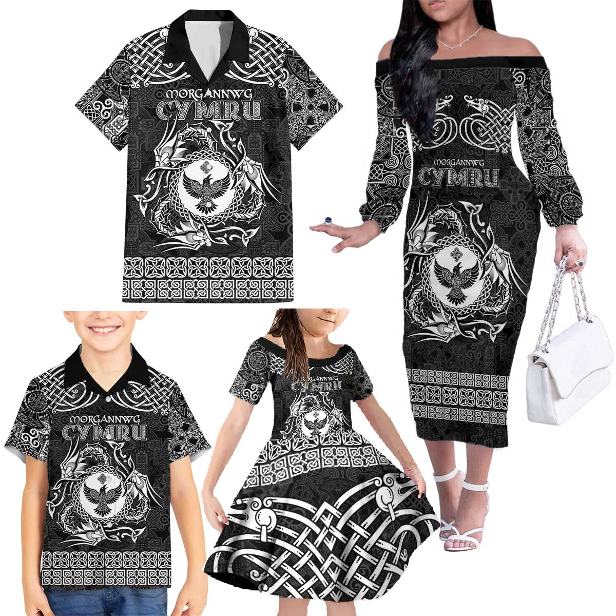 Personalized Glamorgan Morgannwg Family Matching Off The Shoulder Long Sleeve Dress and Hawaiian Shirt Black Raven Celtic-inspired - Wonder Print Shop