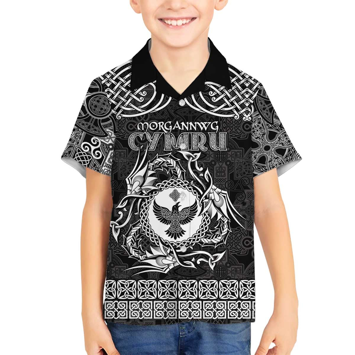 Personalized Glamorgan Morgannwg Family Matching Off The Shoulder Long Sleeve Dress and Hawaiian Shirt Black Raven Celtic-inspired - Wonder Print Shop