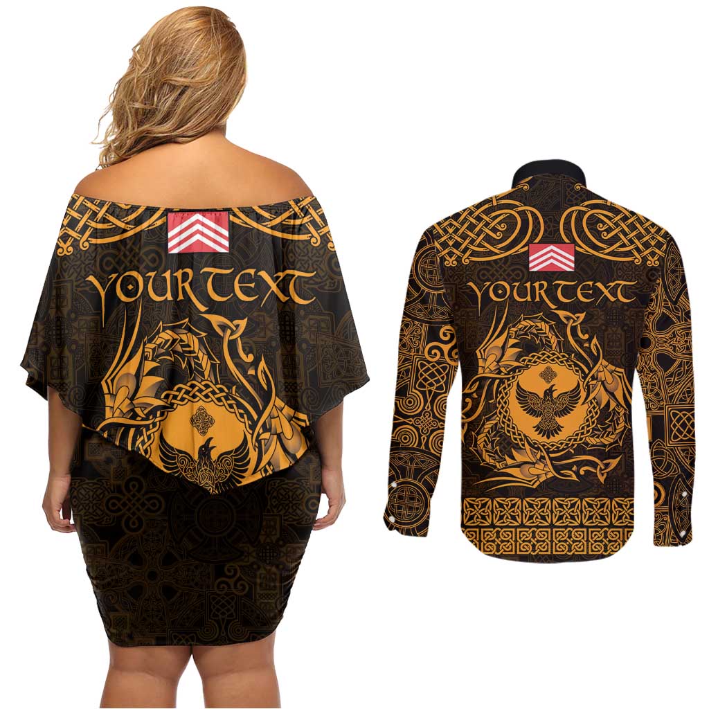 Personalized Glamorgan Morgannwg Couples Matching Off Shoulder Short Dress and Long Sleeve Button Shirt Gold Raven Celtic-inspired - Wonder Print Shop