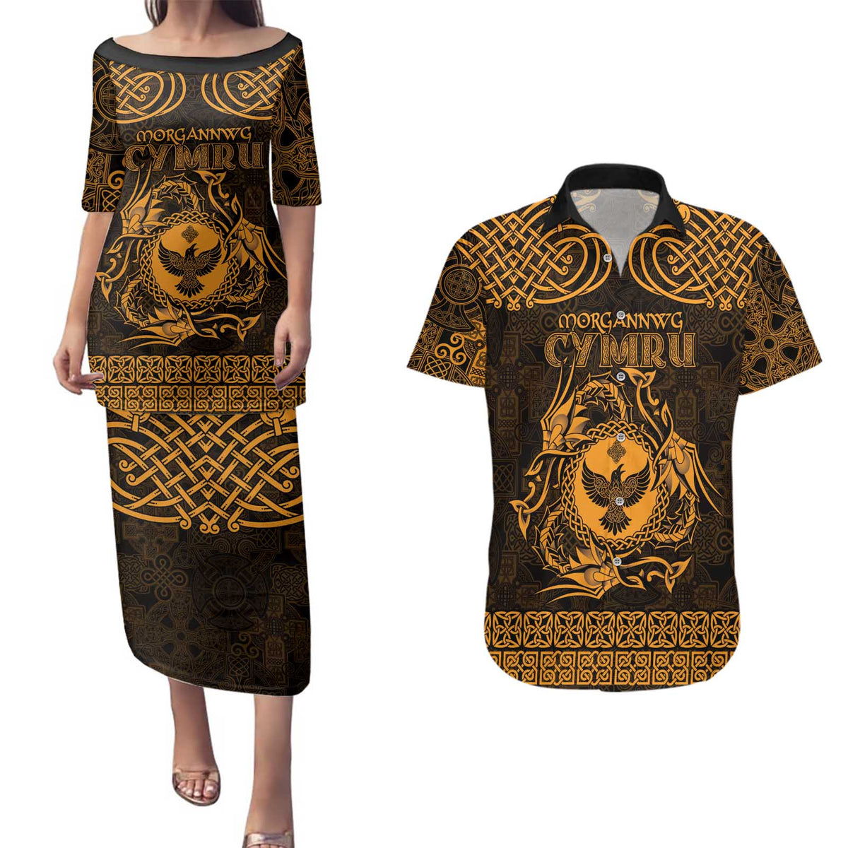 Personalized Glamorgan Morgannwg Couples Matching Puletasi and Hawaiian Shirt Gold Raven Celtic-inspired - Wonder Print Shop