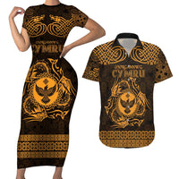 Personalized Glamorgan Morgannwg Couples Matching Short Sleeve Bodycon Dress and Hawaiian Shirt Gold Raven Celtic-inspired - Wonder Print Shop