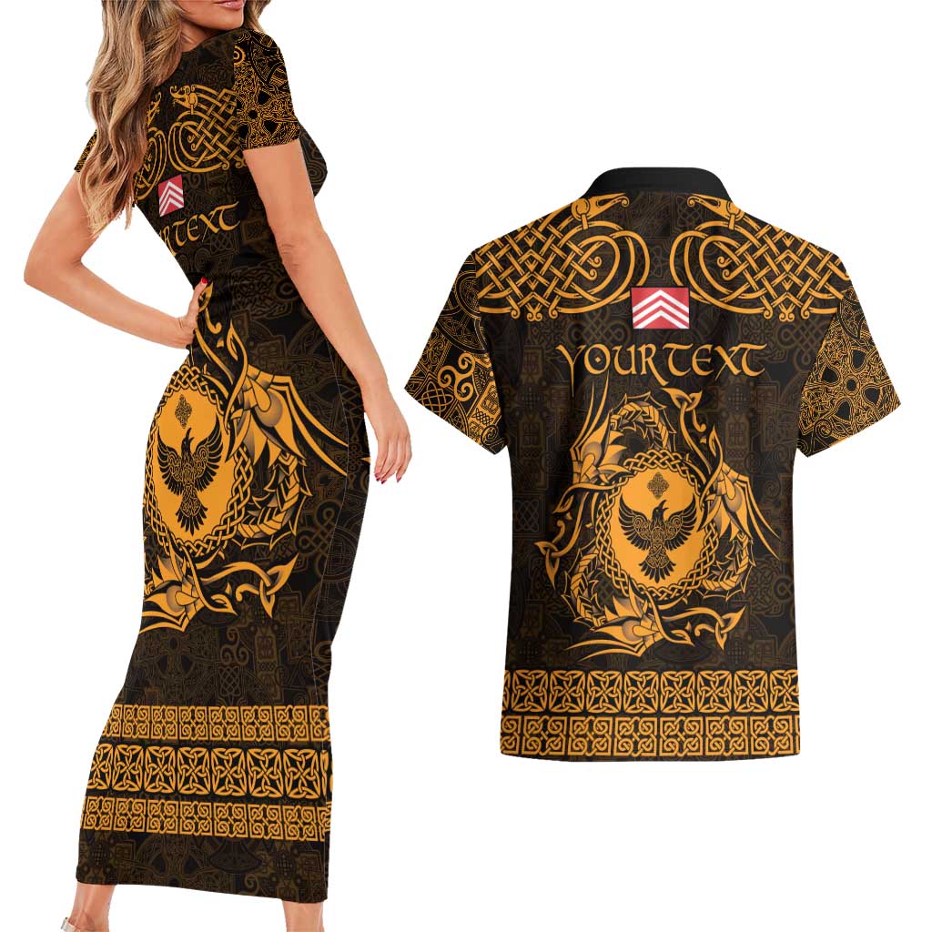 Personalized Glamorgan Morgannwg Couples Matching Short Sleeve Bodycon Dress and Hawaiian Shirt Gold Raven Celtic-inspired - Wonder Print Shop