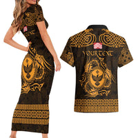 Personalized Glamorgan Morgannwg Couples Matching Short Sleeve Bodycon Dress and Hawaiian Shirt Gold Raven Celtic-inspired - Wonder Print Shop