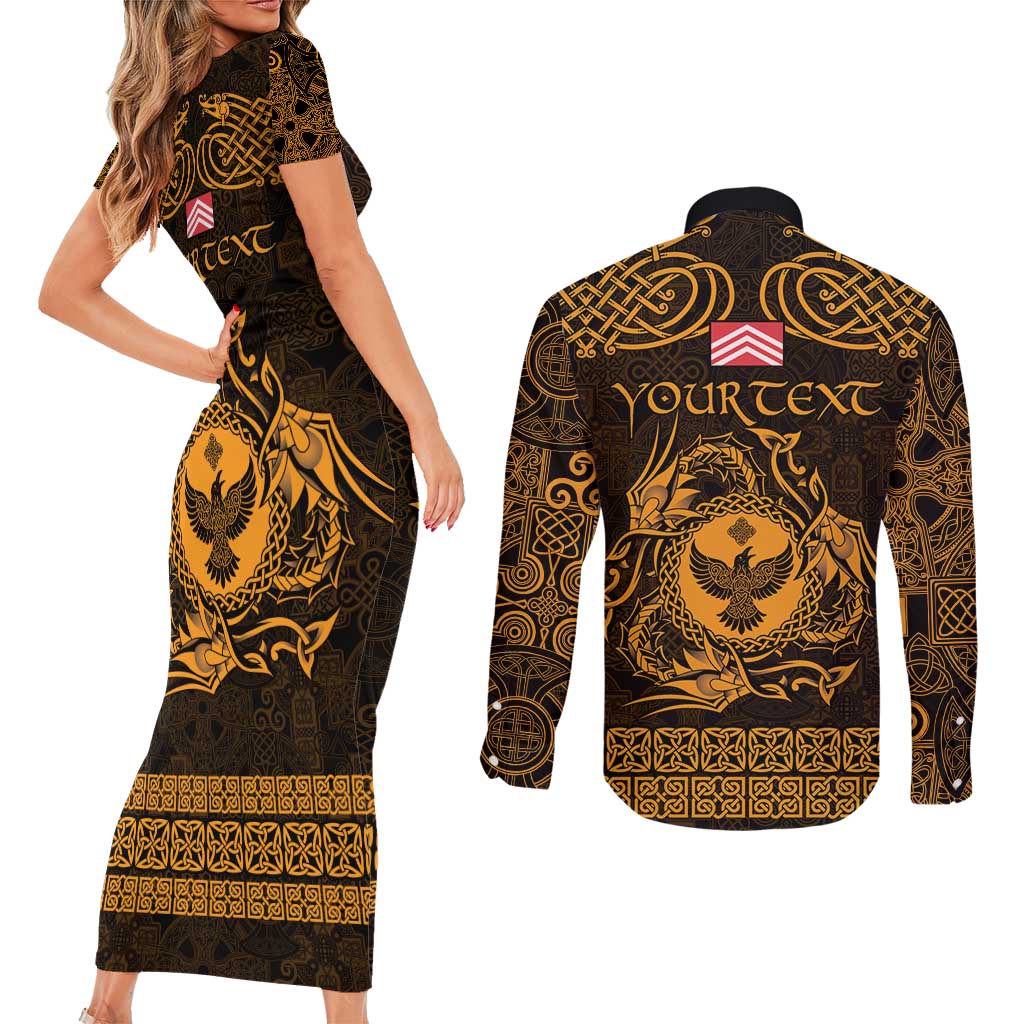 Personalized Glamorgan Morgannwg Couples Matching Short Sleeve Bodycon Dress and Long Sleeve Button Shirt Gold Raven Celtic-inspired - Wonder Print Shop
