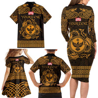 Personalized Glamorgan Morgannwg Family Matching Long Sleeve Bodycon Dress and Hawaiian Shirt Gold Raven Celtic-inspired - Wonder Print Shop