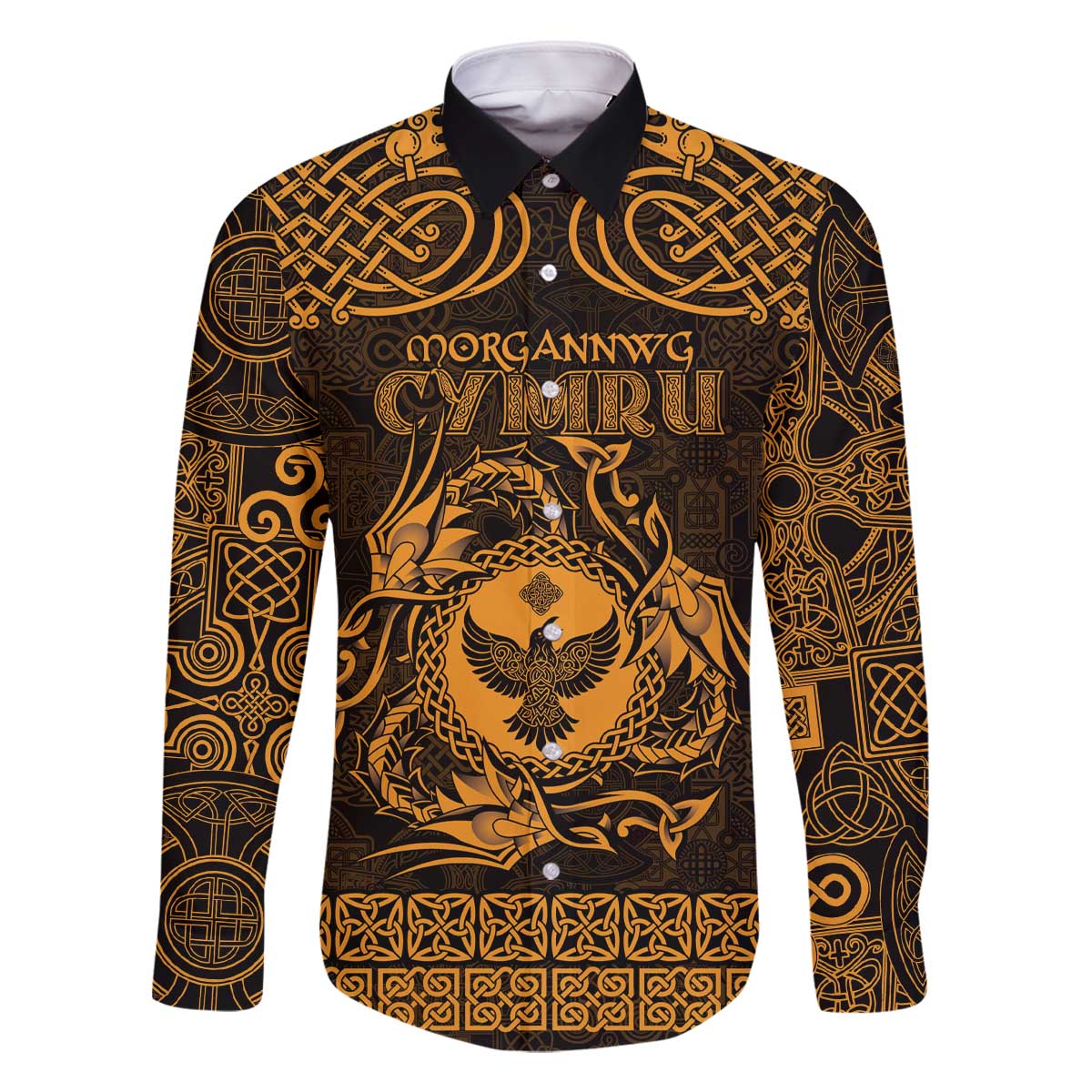 Personalized Glamorgan Morgannwg Family Matching Off The Shoulder Long Sleeve Dress and Hawaiian Shirt Gold Raven Celtic-inspired - Wonder Print Shop