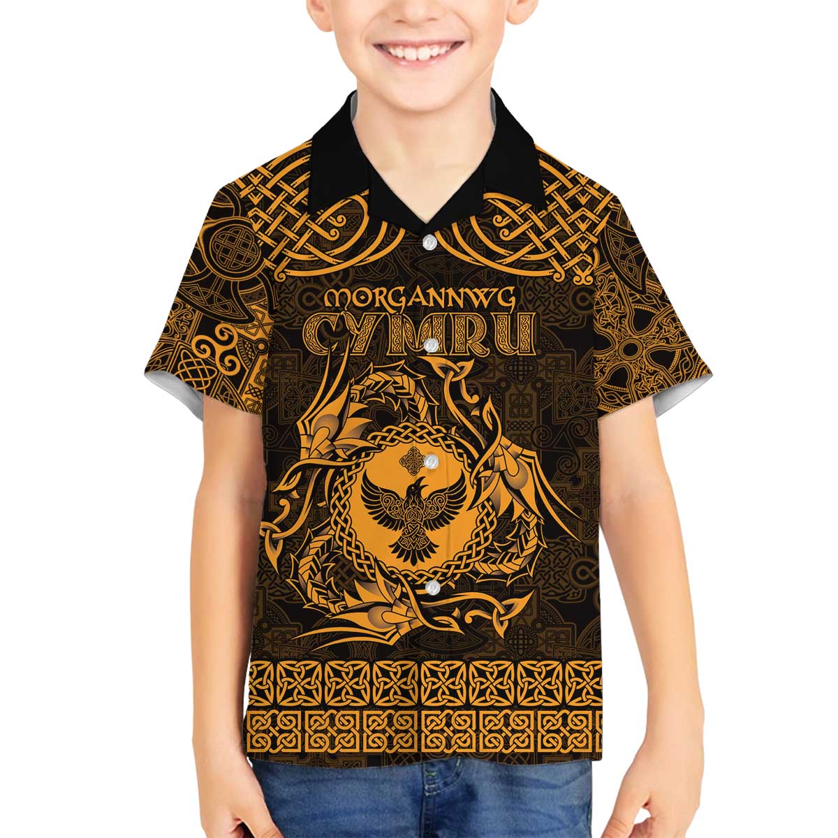 Personalized Glamorgan Morgannwg Family Matching Off The Shoulder Long Sleeve Dress and Hawaiian Shirt Gold Raven Celtic-inspired - Wonder Print Shop