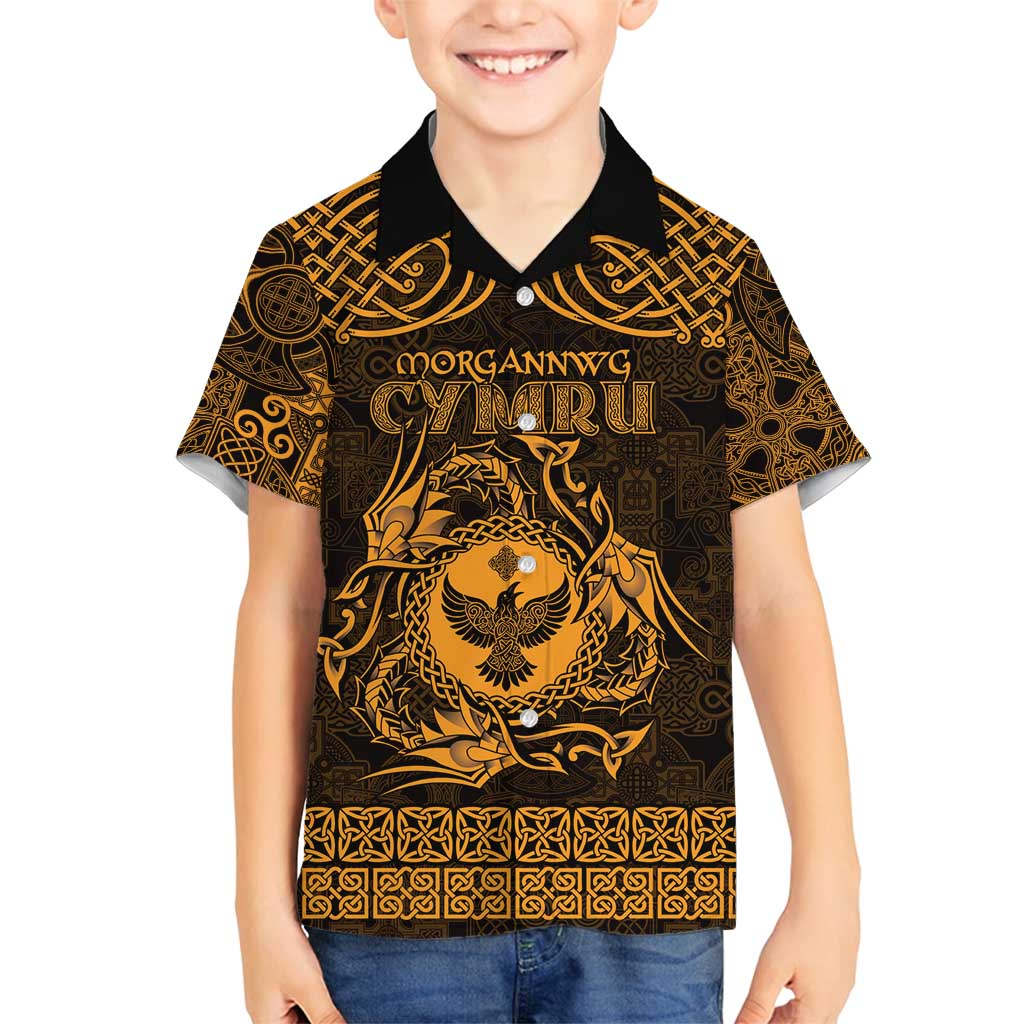 Personalized Glamorgan Morgannwg Family Matching Off Shoulder Maxi Dress and Hawaiian Shirt Gold Raven Celtic-inspired - Wonder Print Shop