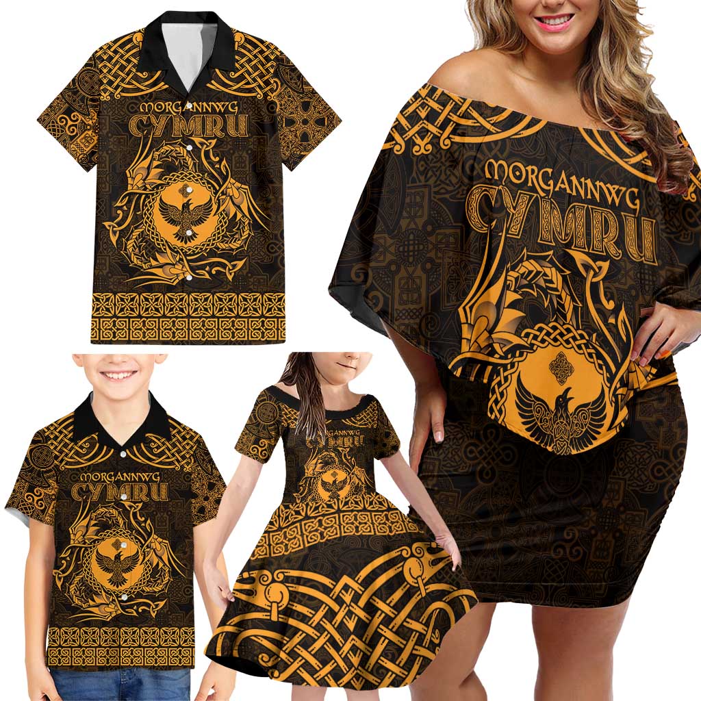 Personalized Glamorgan Morgannwg Family Matching Off Shoulder Short Dress and Hawaiian Shirt Gold Raven Celtic-inspired - Wonder Print Shop