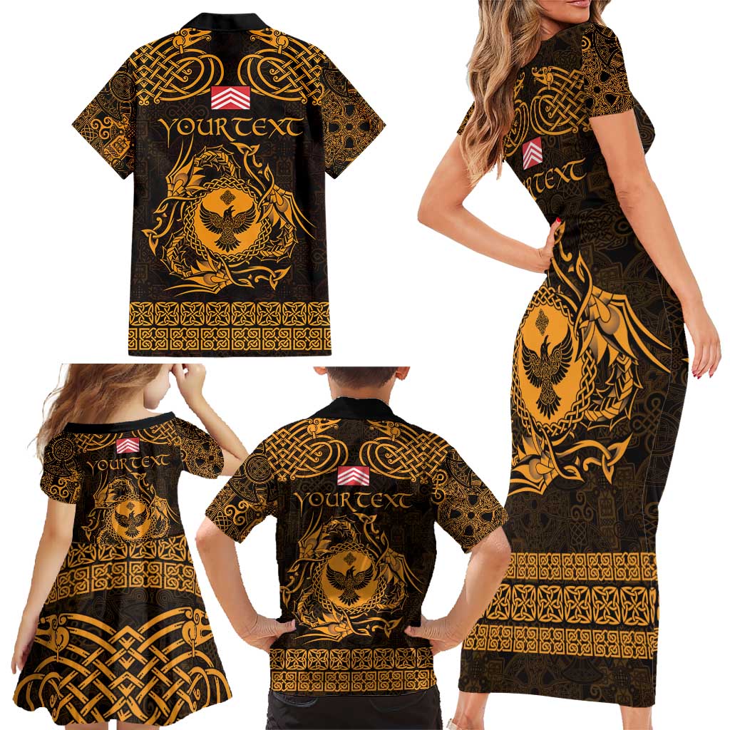 Personalized Glamorgan Morgannwg Family Matching Short Sleeve Bodycon Dress and Hawaiian Shirt Gold Raven Celtic-inspired - Wonder Print Shop