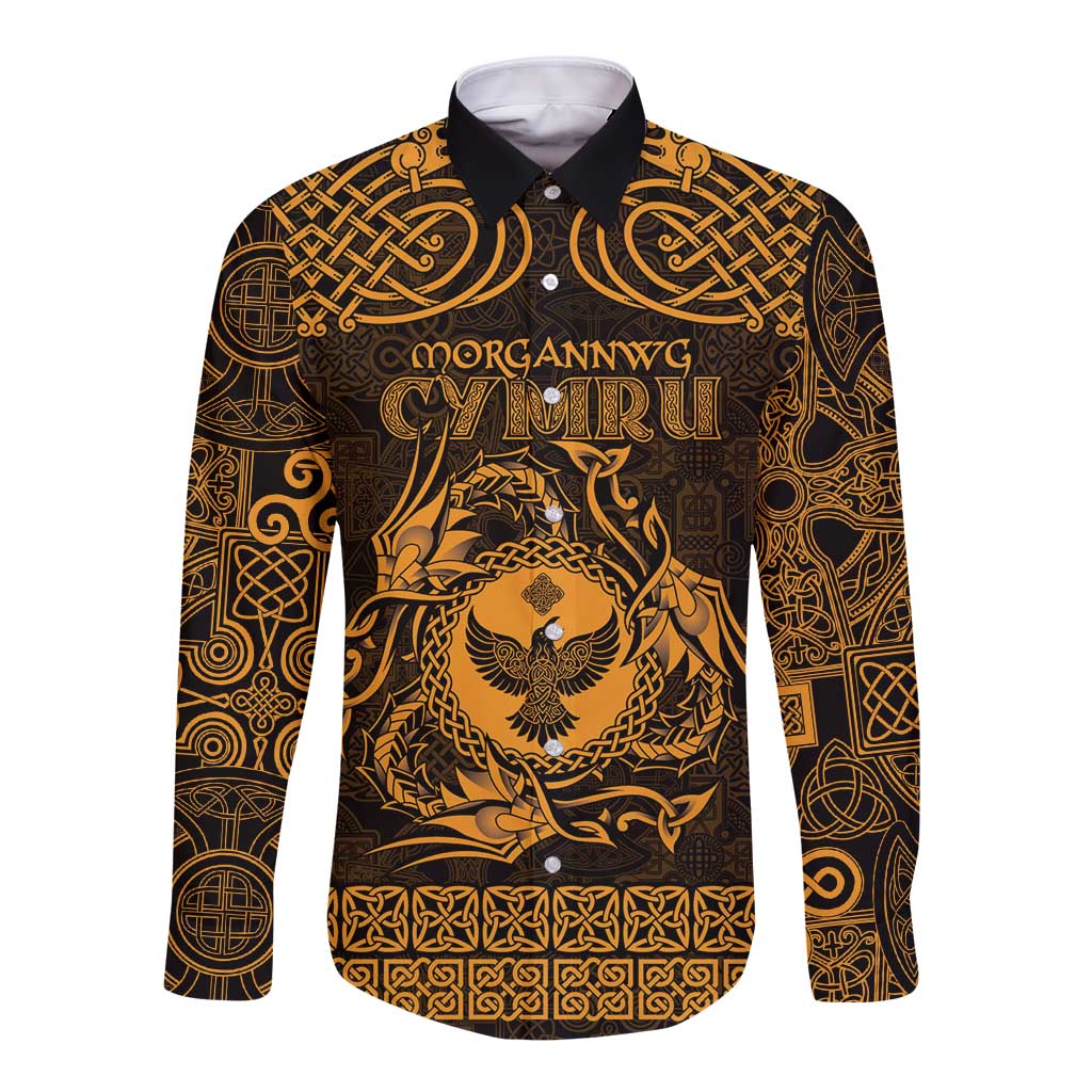 Personalized Glamorgan Morgannwg Long Sleeve Button Shirt Gold Raven Celtic-inspired - Wonder Print Shop