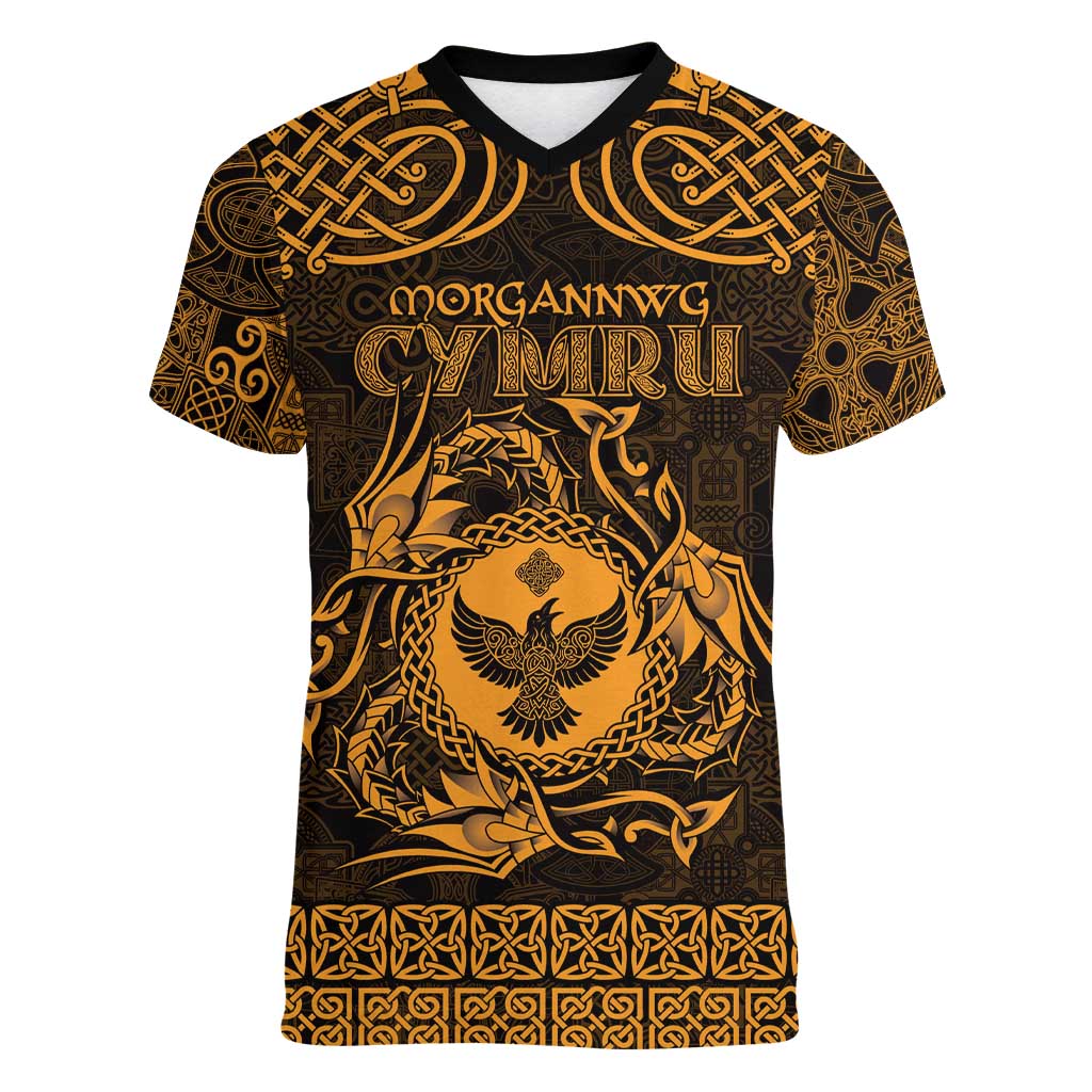 Personalized Glamorgan Morgannwg Women V-Neck T-Shirt Gold Raven Celtic-inspired - Wonder Print Shop