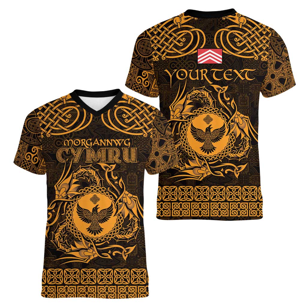 Personalized Glamorgan Morgannwg Women V-Neck T-Shirt Gold Raven Celtic-inspired - Wonder Print Shop