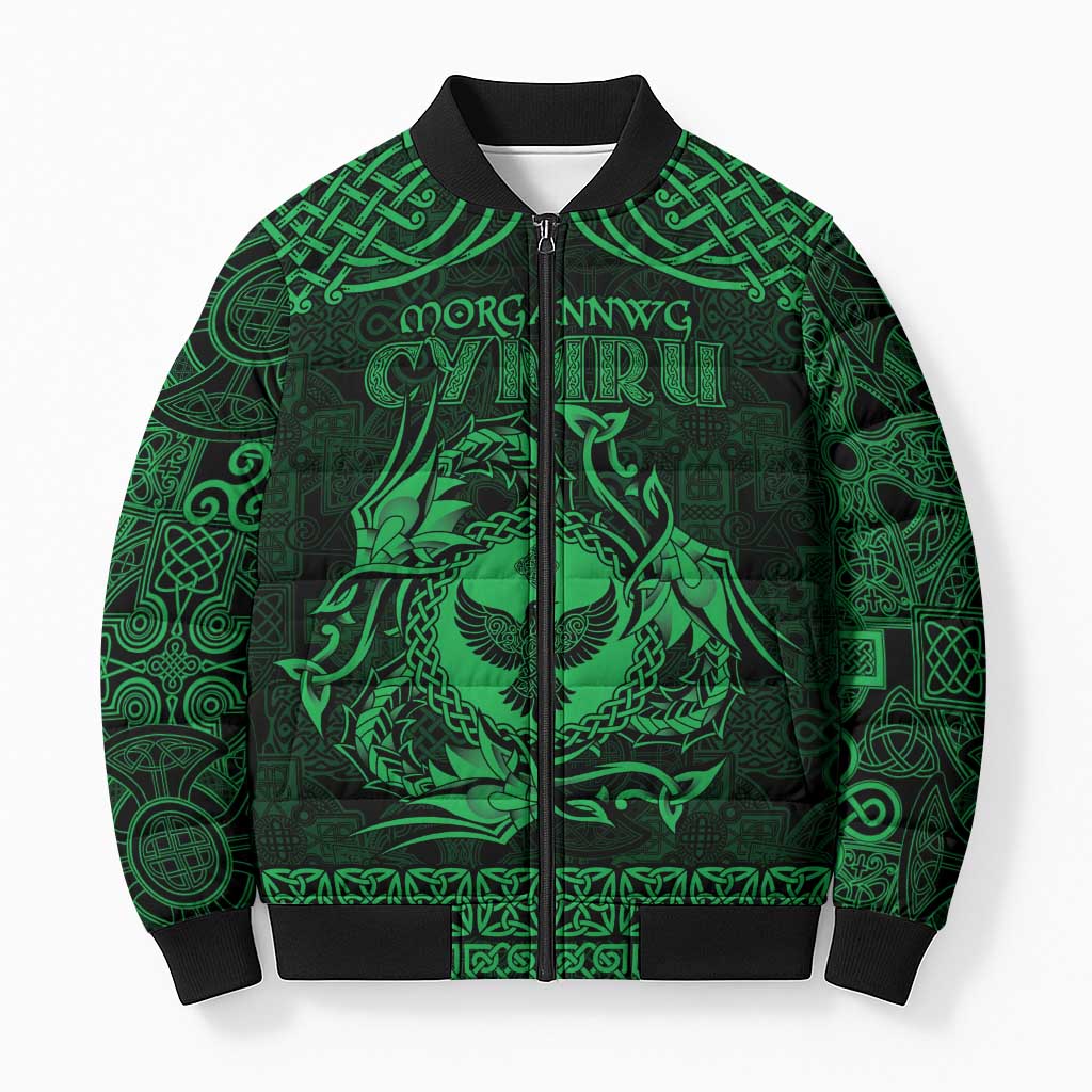 Personalized Glamorgan Morgannwg Bomber Puffer Jacket Green Raven Celtic-inspired - Wonder Print Shop