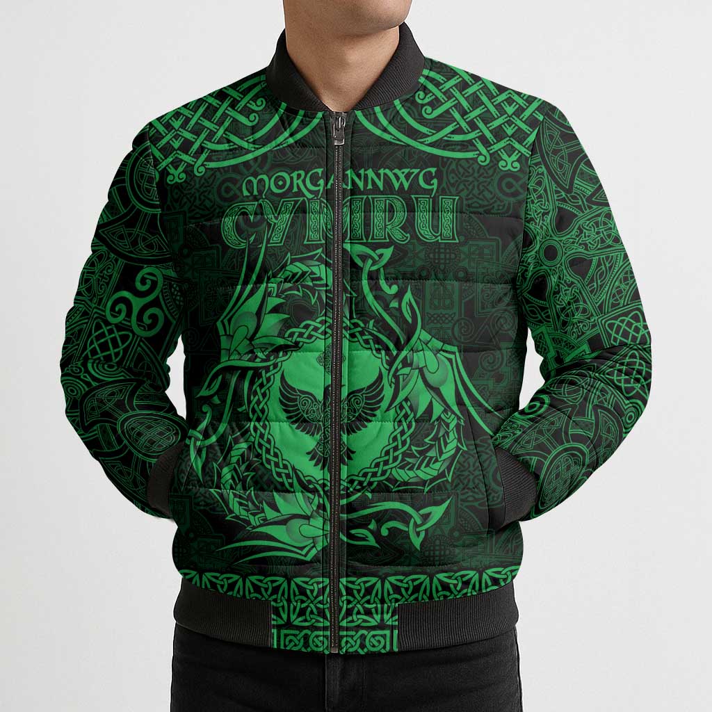 Personalized Glamorgan Morgannwg Bomber Puffer Jacket Green Raven Celtic-inspired - Wonder Print Shop
