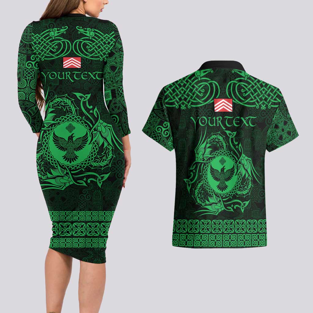 Personalized Glamorgan Morgannwg Couples Matching Long Sleeve Bodycon Dress and Hawaiian Shirt Green Raven Celtic-inspired - Wonder Print Shop