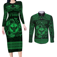 Personalized Glamorgan Morgannwg Couples Matching Long Sleeve Bodycon Dress and Long Sleeve Button Shirt Green Raven Celtic-inspired - Wonder Print Shop