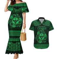 Personalized Glamorgan Morgannwg Couples Matching Mermaid Dress and Hawaiian Shirt Green Raven Celtic-inspired - Wonder Print Shop