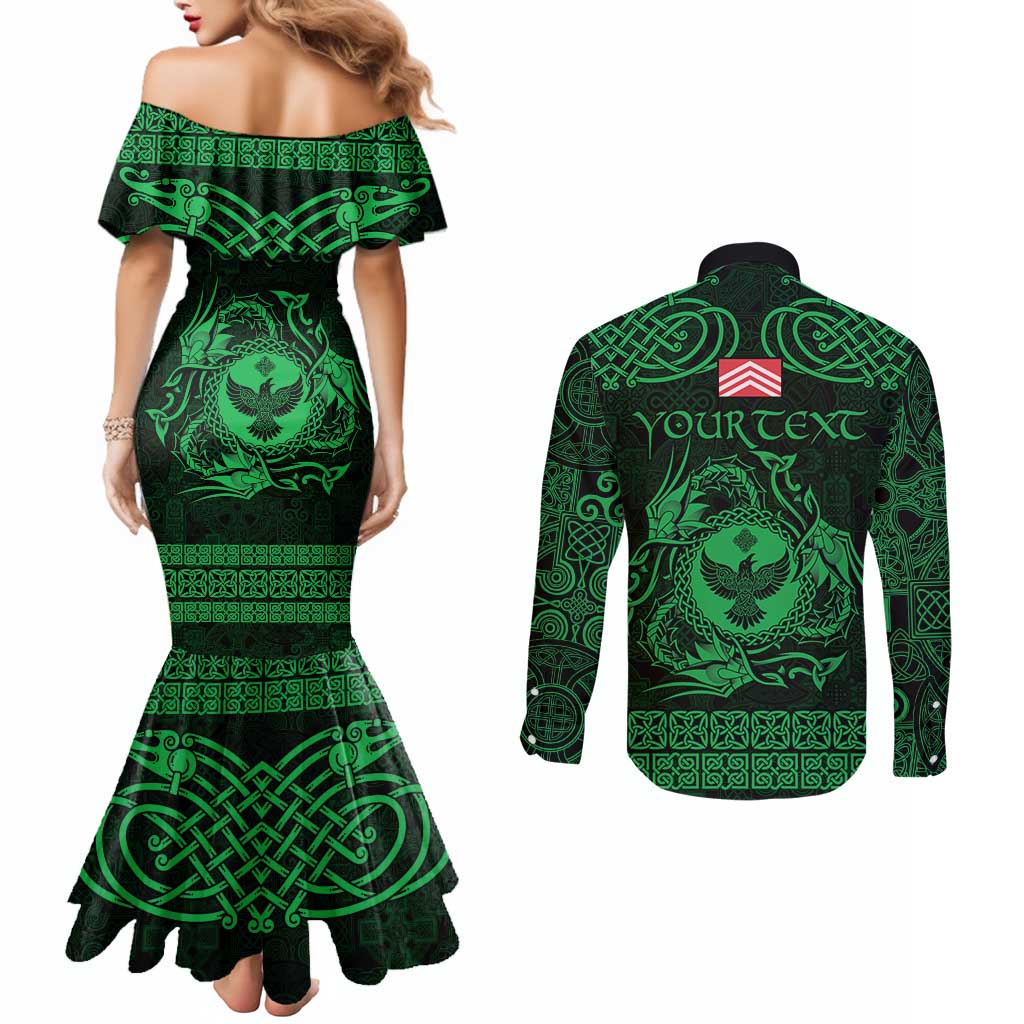 Personalized Glamorgan Morgannwg Couples Matching Mermaid Dress and Long Sleeve Button Shirt Green Raven Celtic-inspired - Wonder Print Shop